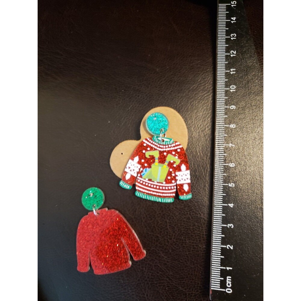 Red Ugly Christmas Sweater Earrings Upside Down Green Elf Grinch - Picture 2 of 2